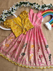 Soft Tissue Silk Paithani Weaving Kids Gown - Baby Pink