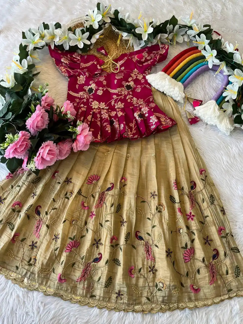 Kids Nylon Silk Embroidery Lehenga - Cream