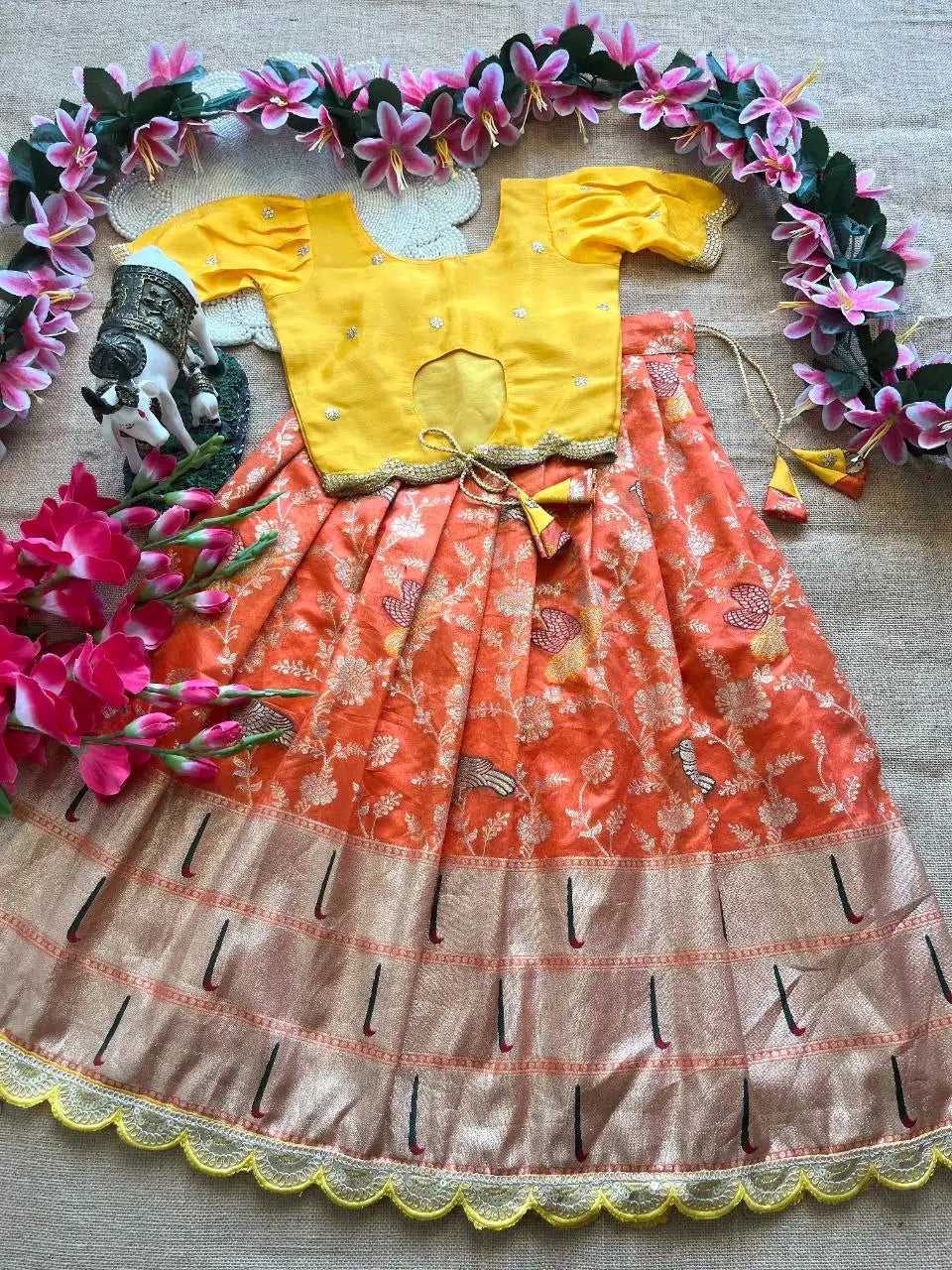 Kids Banarasi Dola Silk Paithani Lehenga - Orange