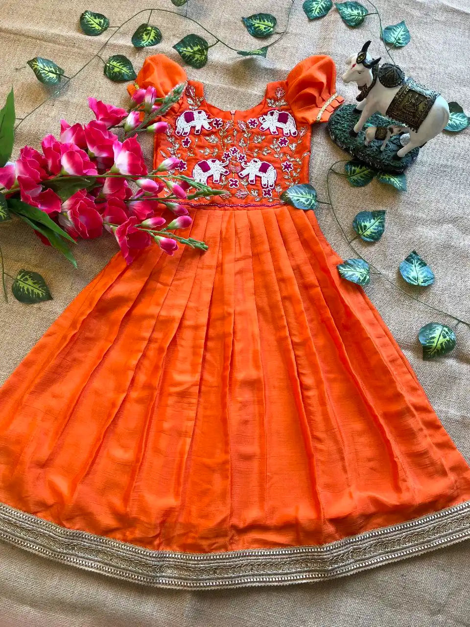 Kids Elephant Handwork Gown - Orange