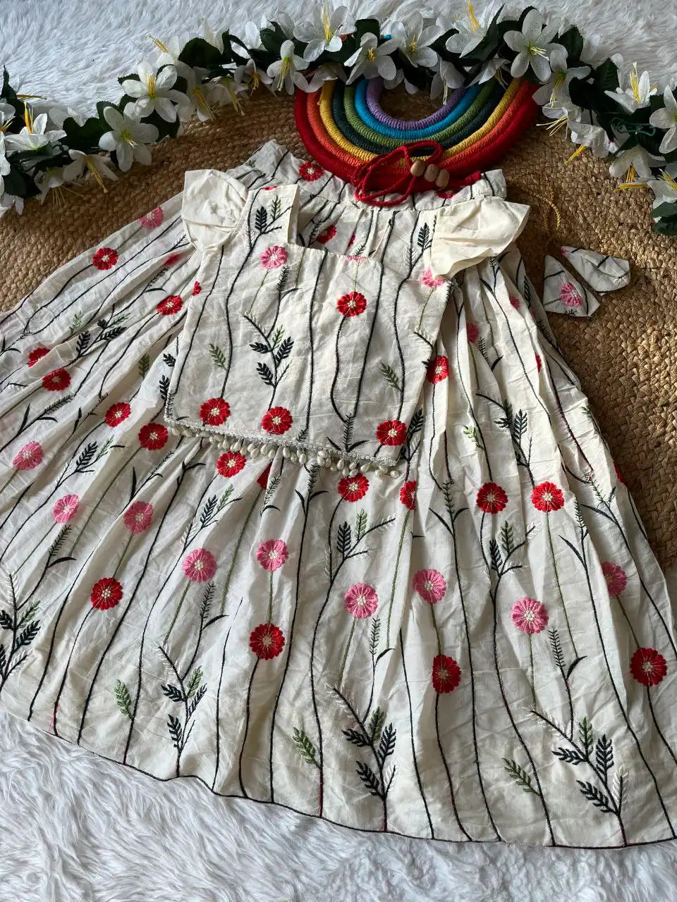 Floral Embroidered Cotton Kids Lehehnga Set