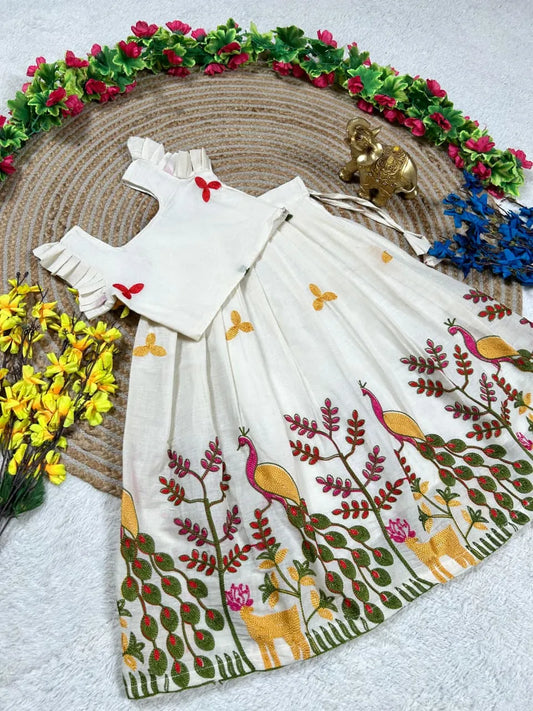 Kids Peacock Cotton Summer Embroidery Lehenga