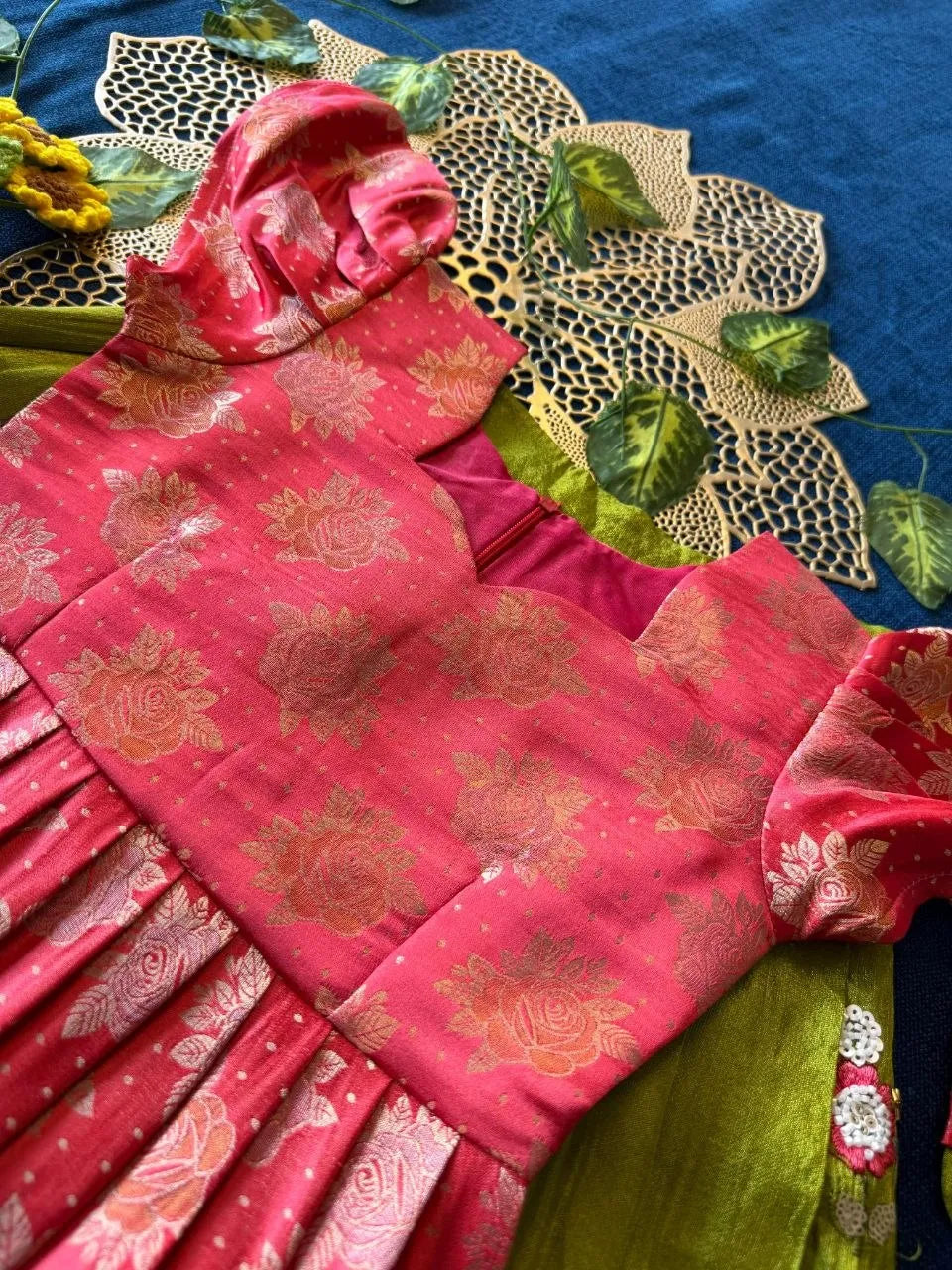 Flamingo Bead & Moti Work Kids Lehenga - Pink & Parrot