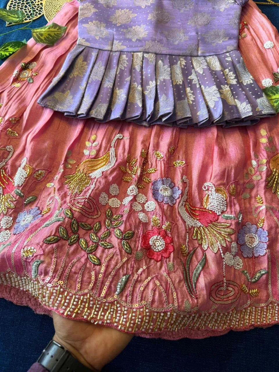 Flamingo Bead & Moti Work Kids Lehenga - Lilac & Pink