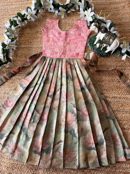 Soft Tussar Fabric Lotus Printed Kids Gown