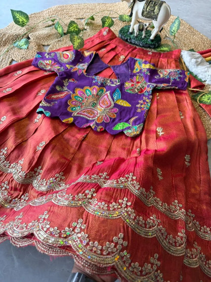 Kids Rainbow Work Designer Lehenga - Blue & Red