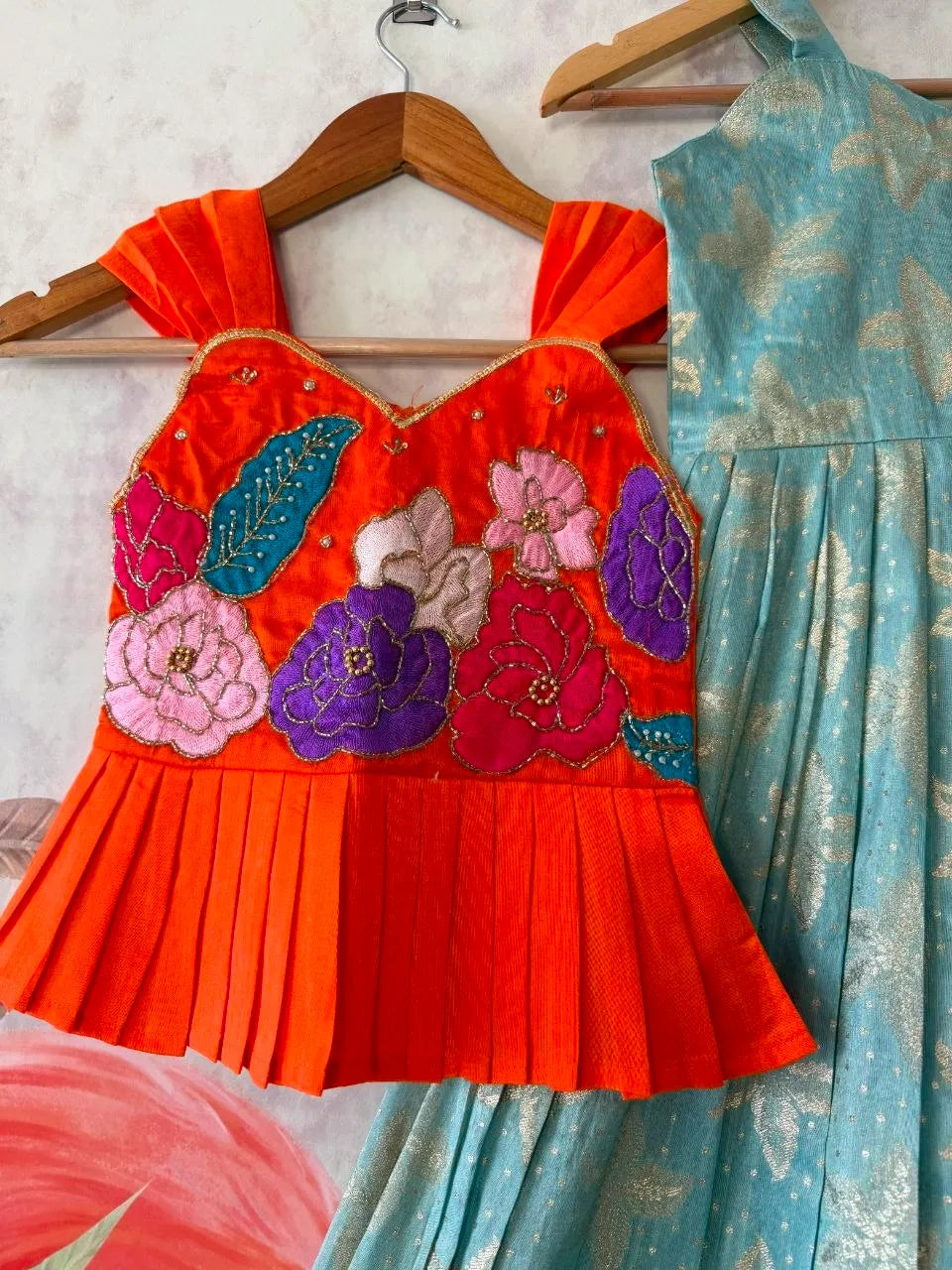 Kids Floral Gown with Maggam Work Coat - Sky
