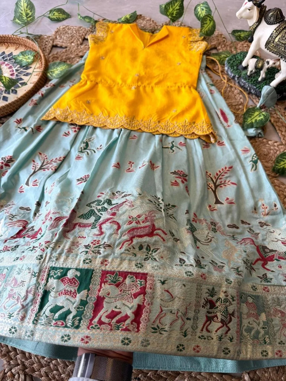 Kids Jungle Theme Position Jacquard Lehenga - Yellow & SKy