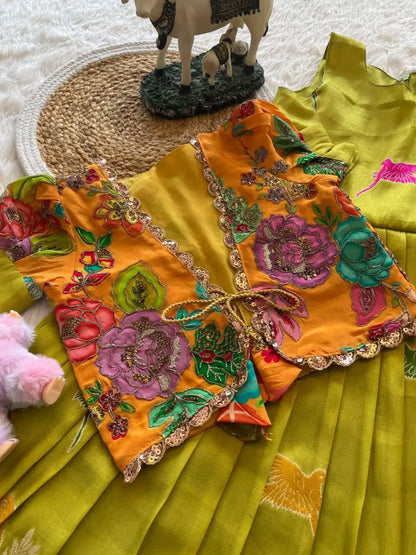 Parrot Design Floral Kids Gown with Coat - Parrot