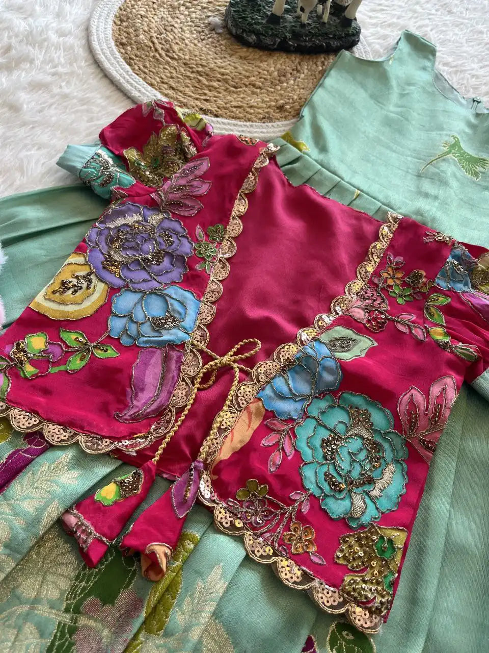 Parrot Design Floral Kids Gown with Coat - Sky