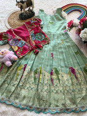 Parrot Design Floral Kids Gown with Coat - Sky