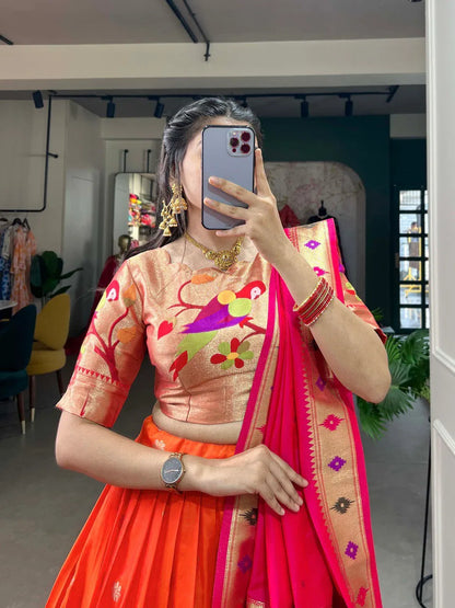 Royal Paithani Lehenga Choli with Dupatta & Batwa - Orange