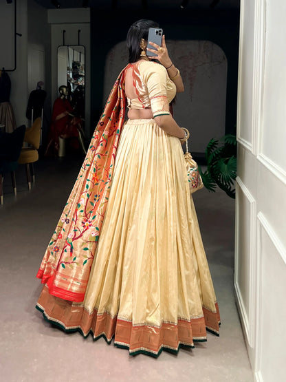 Traditional Maharashtrian Paithani Lehenga Choli for Wedding - Cream