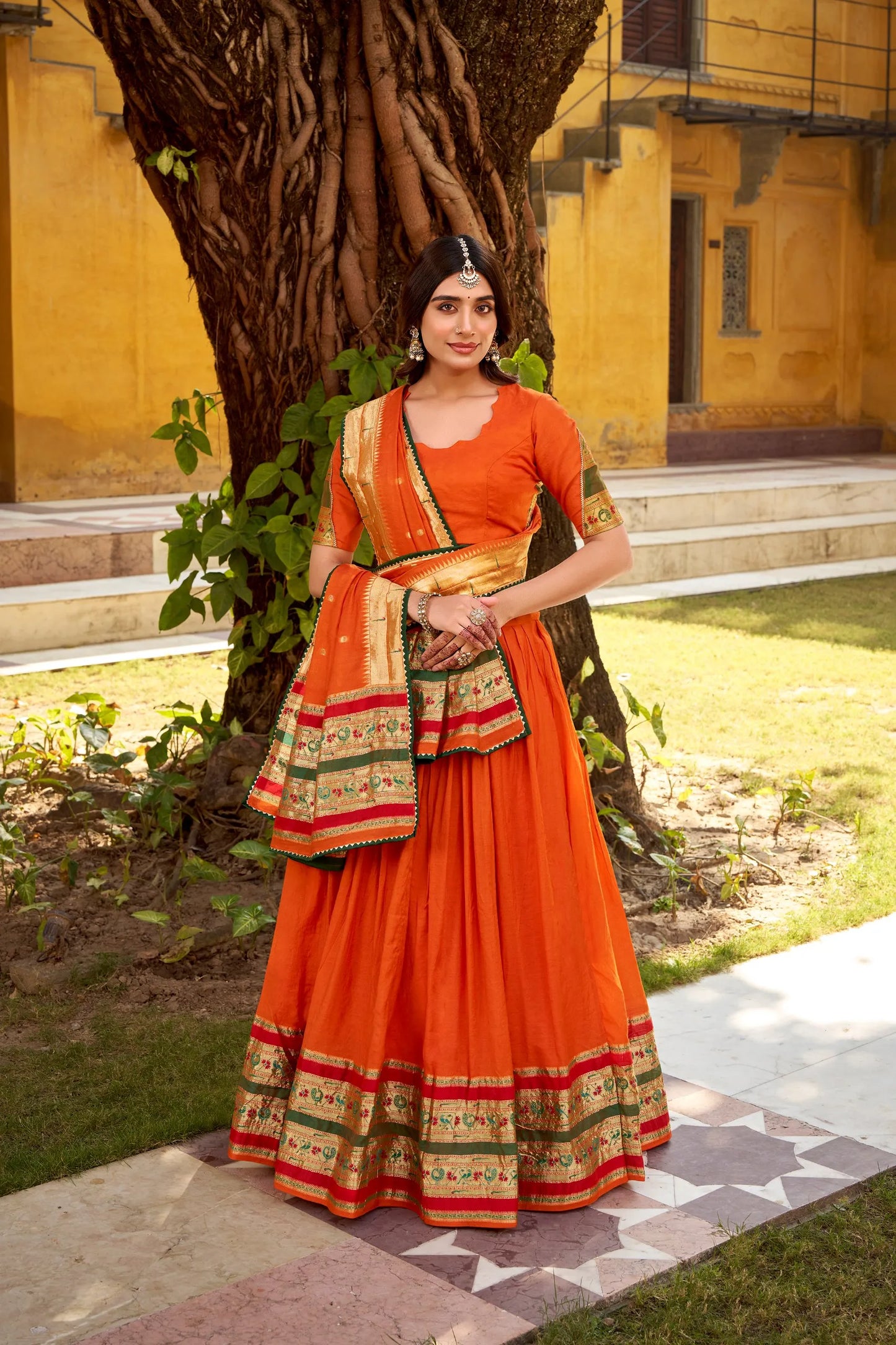 Soft Pure Chanderi Gotta Patti Lace Paithani Lehenga Choli - Orange