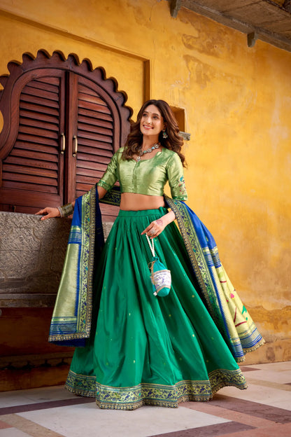 Soft Silk Paithani Embroidery Thread Work Lehenga Choli - Teal