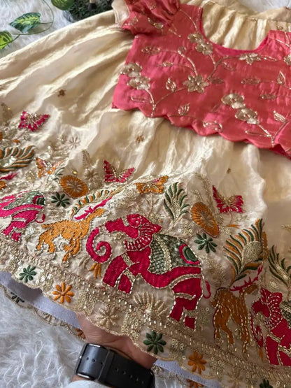 Kids Elephant Bloom Garden Lehenga Choli Set - Cream