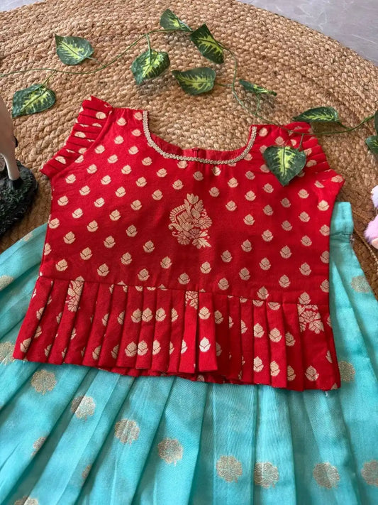 Peacock Grace Kids Lehenga Set - Red & Sky