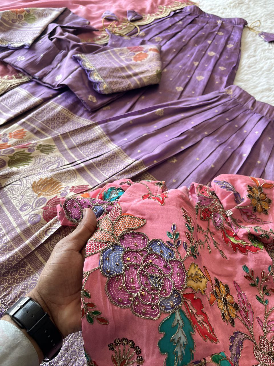 Soft Tissue Silk Embroidered Kids Lehenga Choli - Baby Pink & Lilac