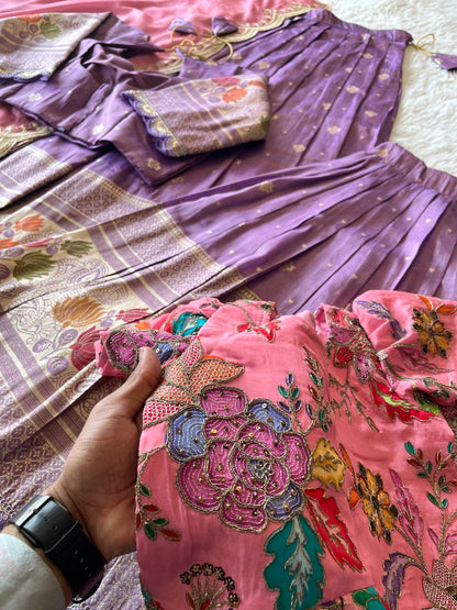 Soft Tissue Silk Embroidered Kids Lehenga Choli - Baby Pink & Lilac