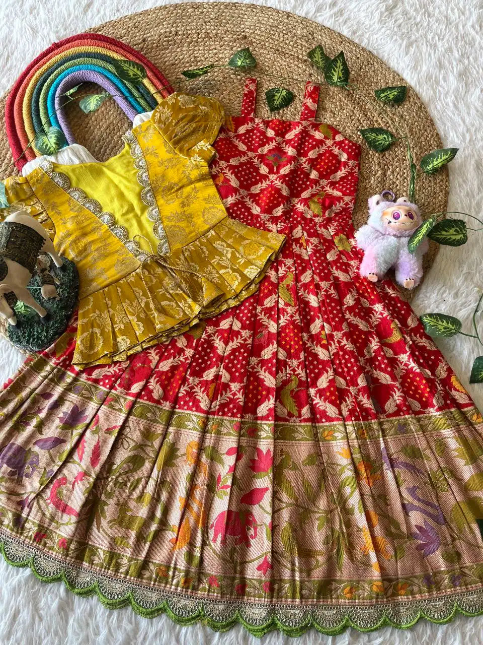 Kids Gown with Designer Coat - Yellow & Red