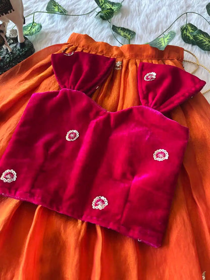 Royal Velvet Kids Lehenga Set - Red & Orange