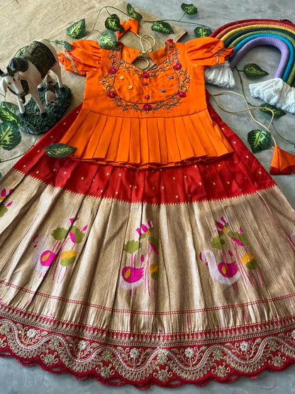 Flamingo Paithani Traditional Kids Lehenga - Red