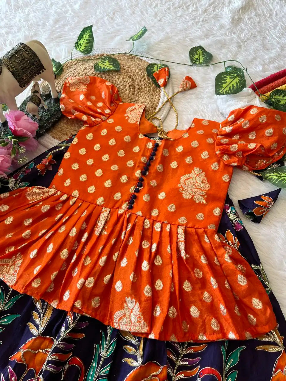 Kids Dola Silk Position Embroidered Lehenga Set - Orange