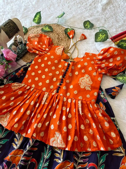 Kids Dola Silk Position Embroidered Lehenga Set - Orange
