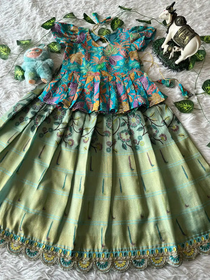 Kids Tissue Silk handwork Embroidered Lehenga Set - Sky