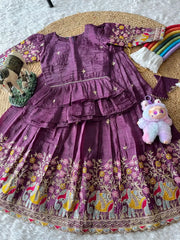 Kids Crush Fabric Elephant Embroidery Lehenga Set - Purple
