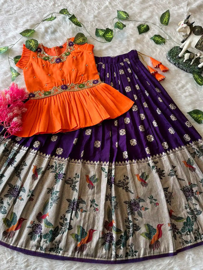 Soft Khadi Georgette Bird Weaving Lehenga - Purple