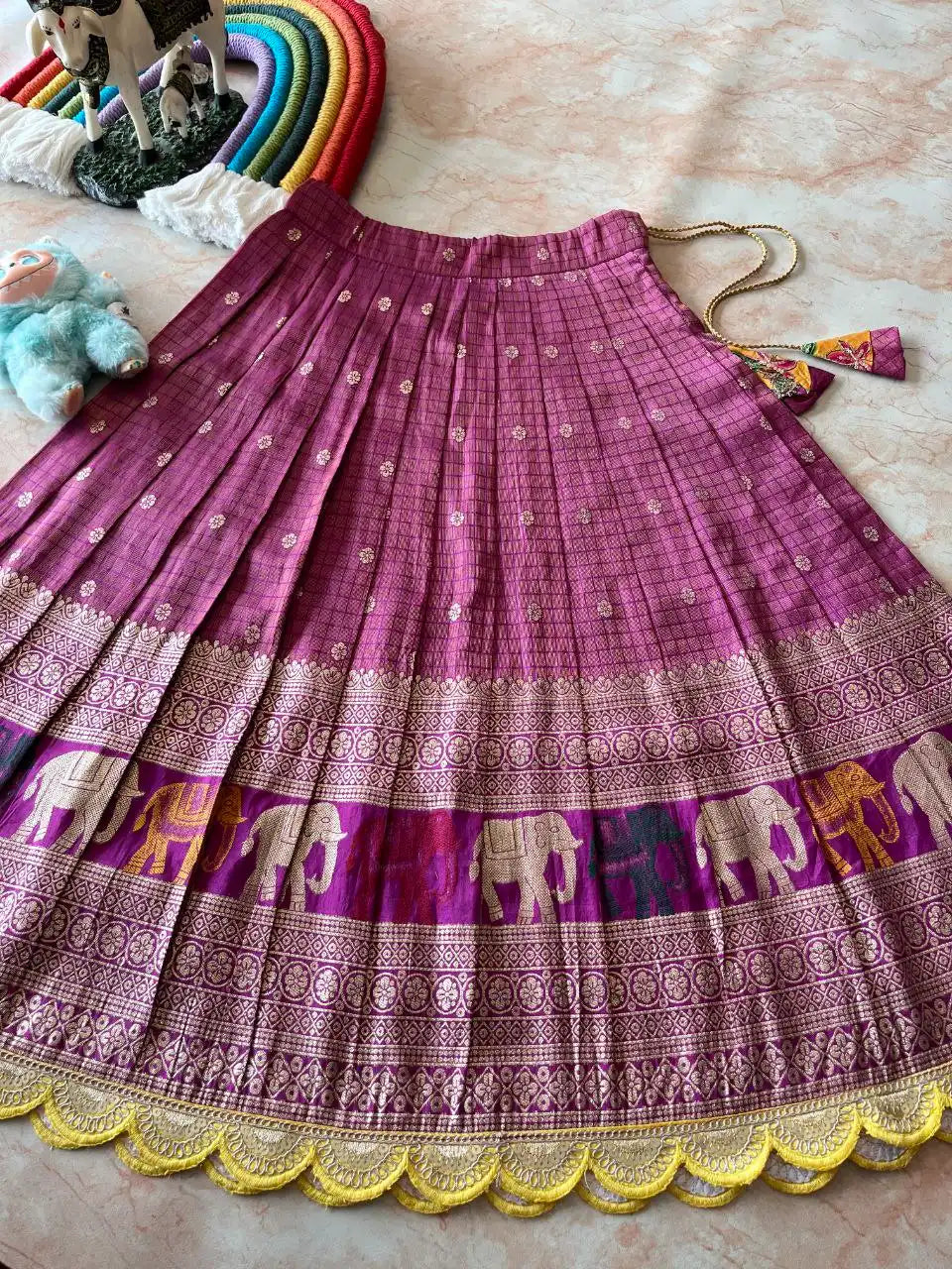 Kids Elephant 3D Weaving Lehenga - Rani Pink
