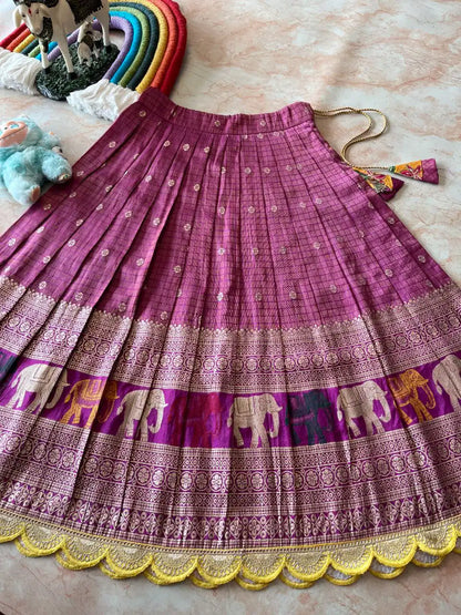 Kids Elephant 3D Weaving Lehenga - Rani Pink