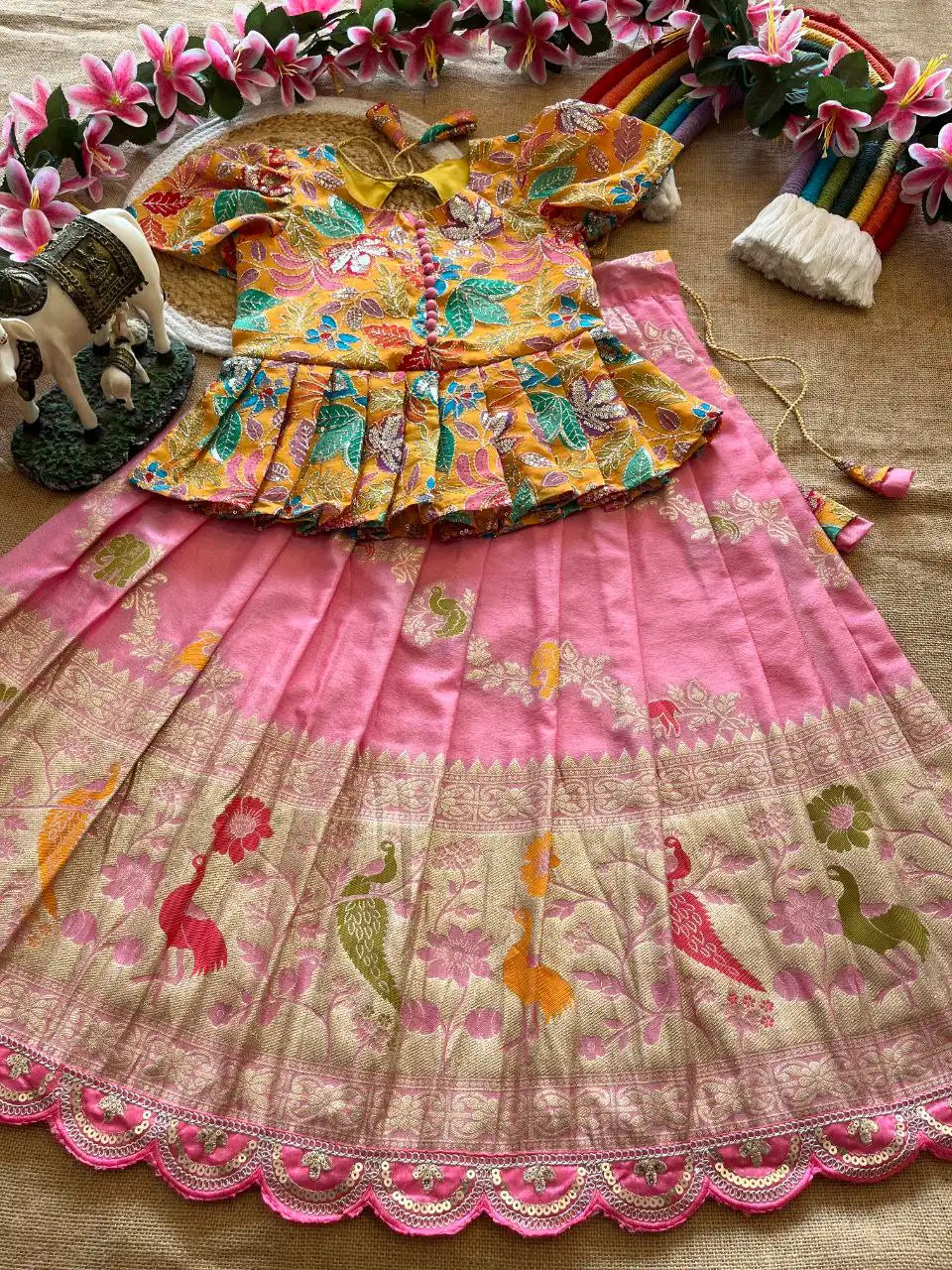 Kids Khadi Silk Animal Theme Weaving Lehenga - Baby Pink