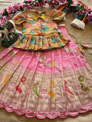 Kids Khadi Silk Animal Theme Weaving Lehenga - Baby Pink
