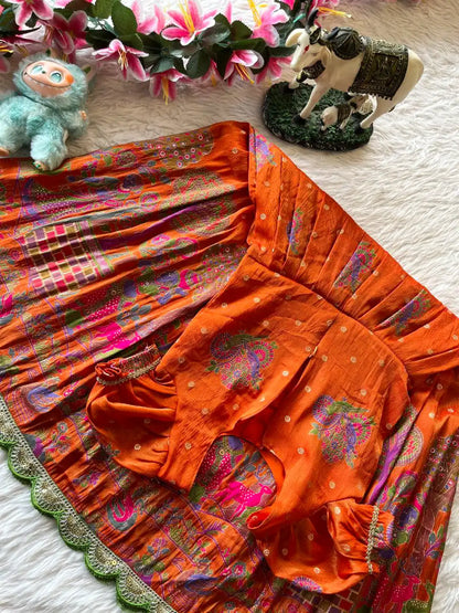 Kids Tissue Silk Paithani Weaving  Gown - Orange