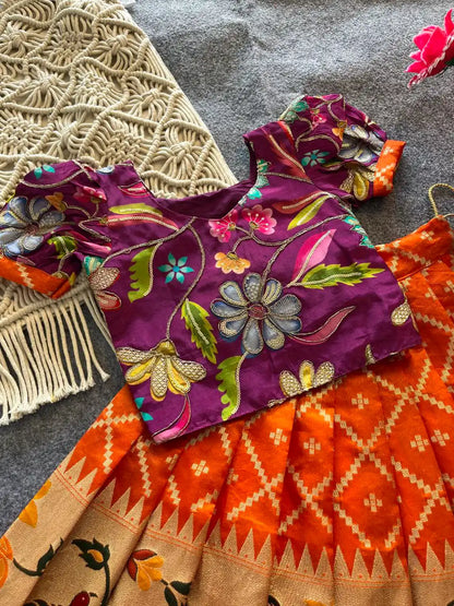 Dola Silk Parrot Meena Weaving Kids Lehenga - Orange