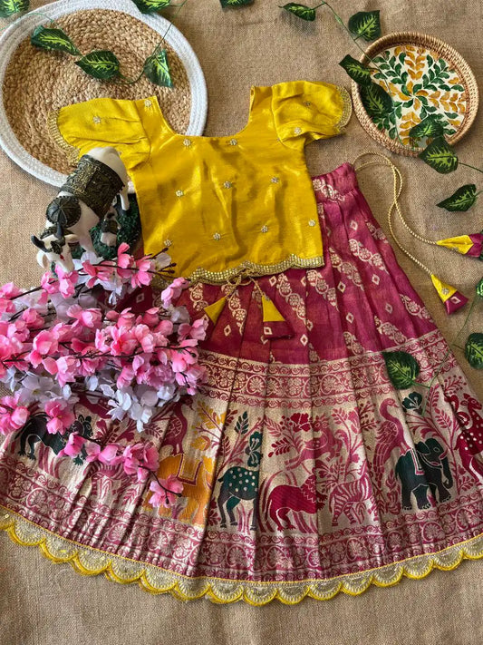 Animals Bandhej Leheriya Kids Lahenga - Yellow