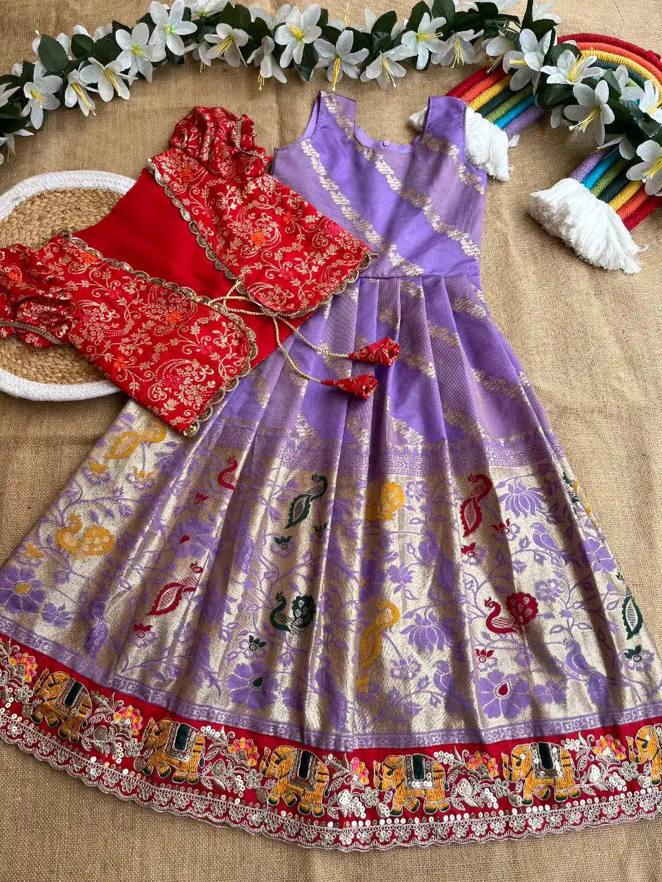 Soft Tissue Silk Paithani Weaving Kids Gown - Lilac