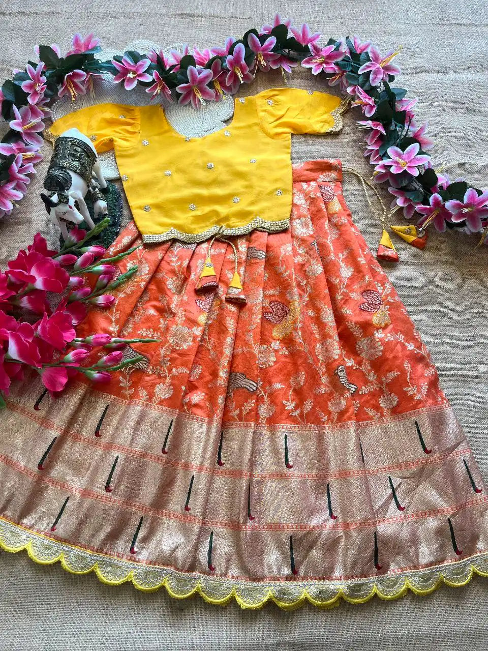 Kids Banarasi Dola Silk Paithani Lehenga - Orange