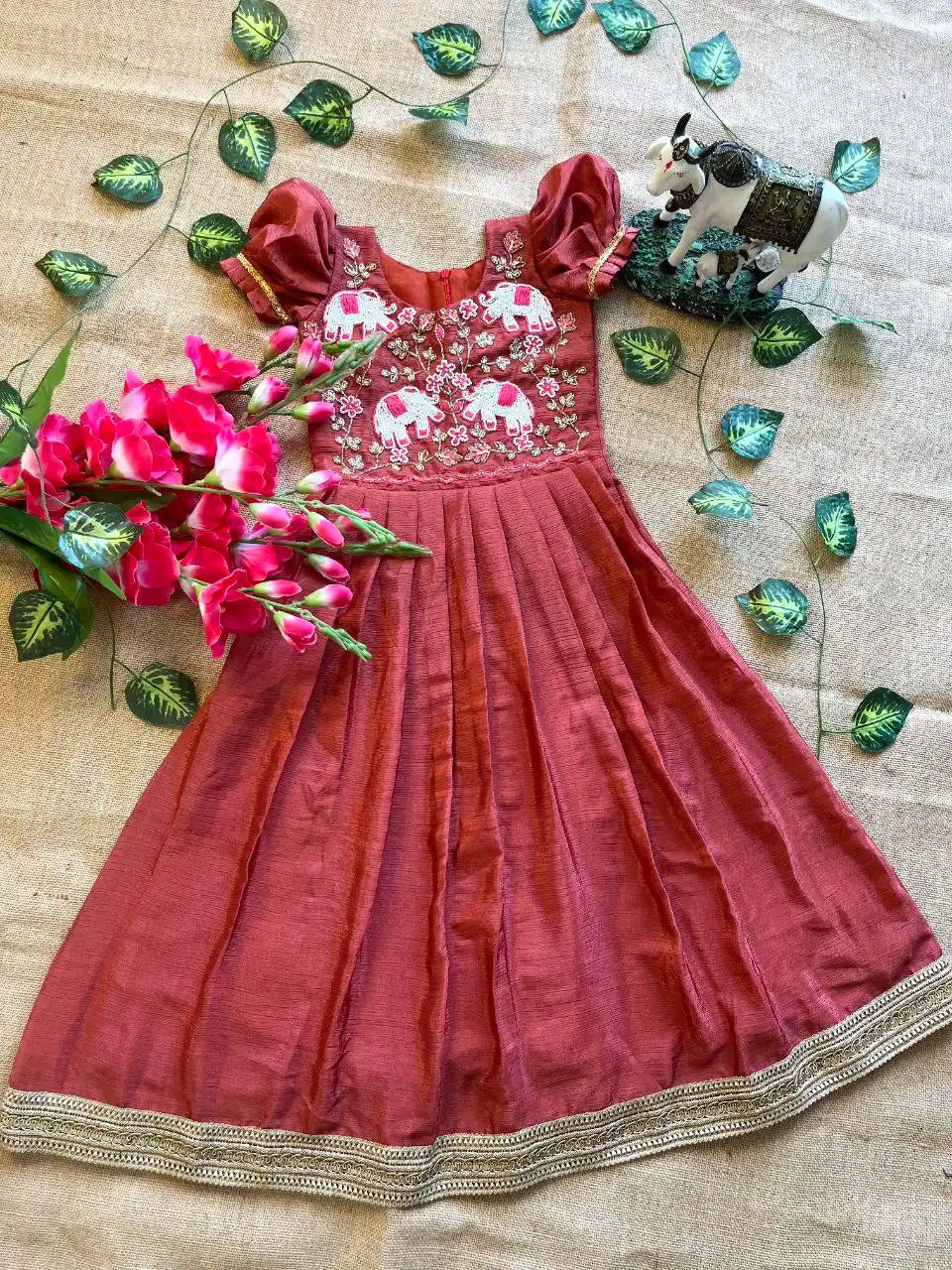 Kids Elephant Handwork Gown - Red