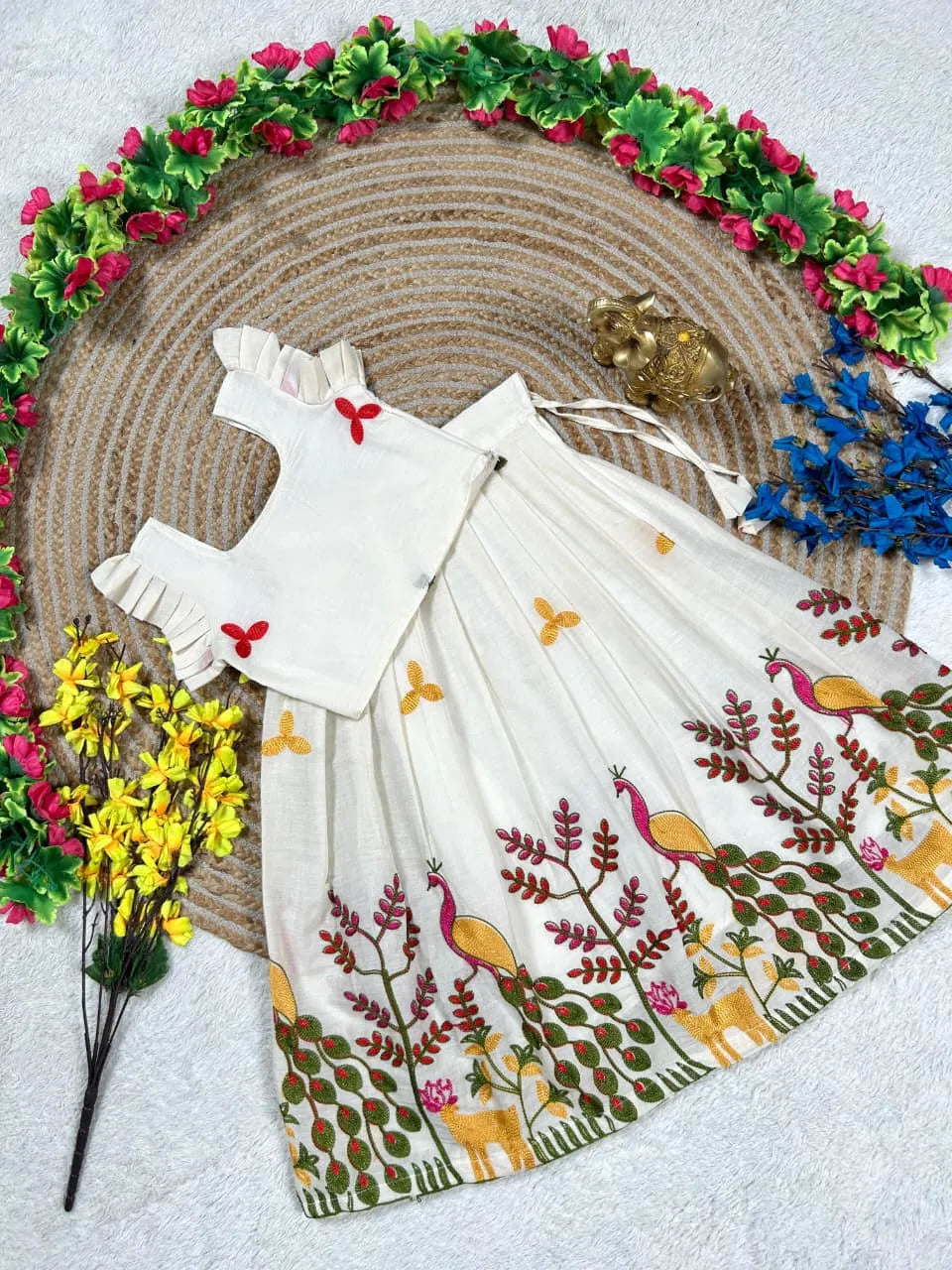 Kids Peacock Cotton Summer Embroidery Lehenga