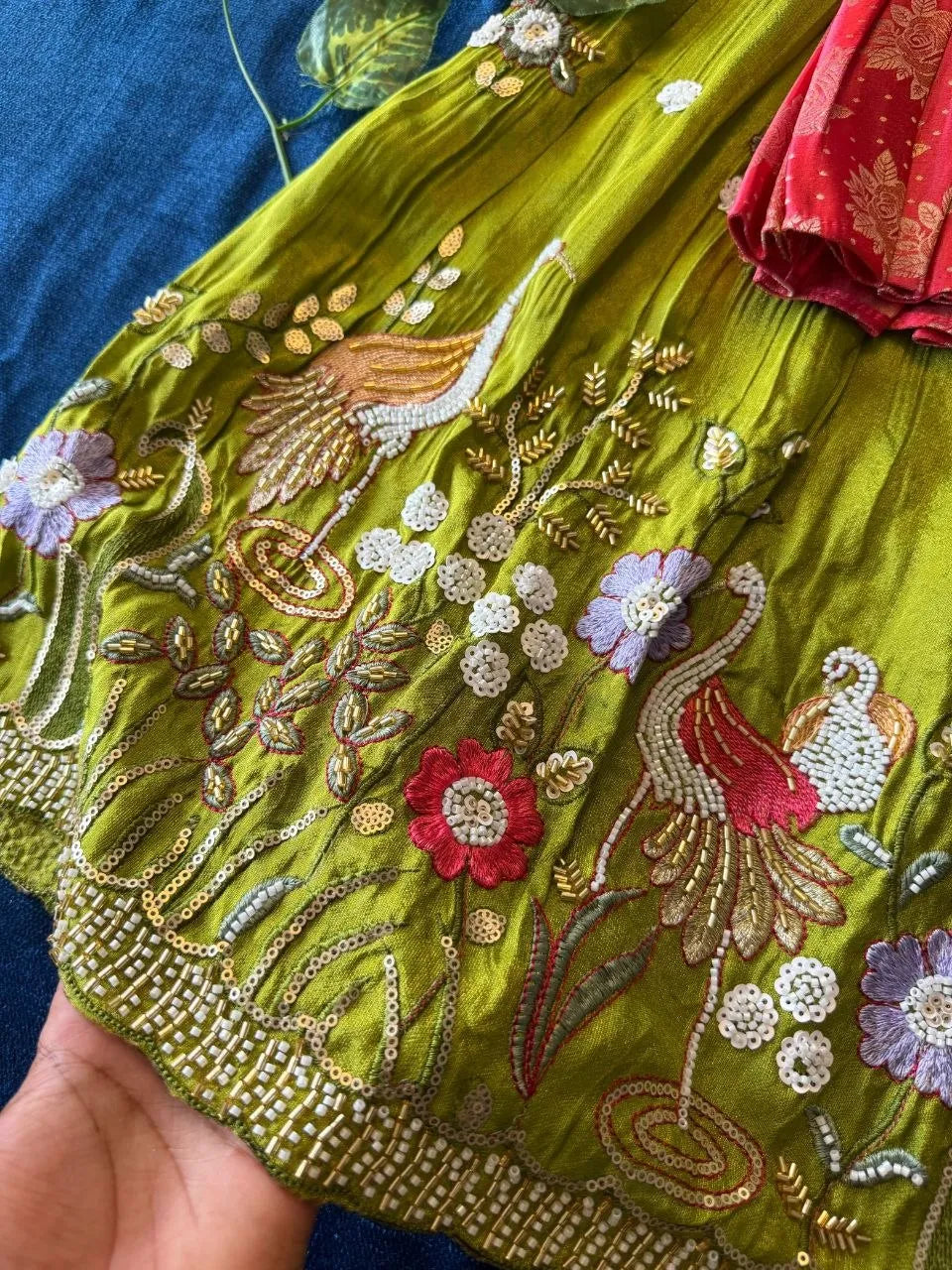 Flamingo Bead & Moti Work Kids Lehenga - Pink & Parrot