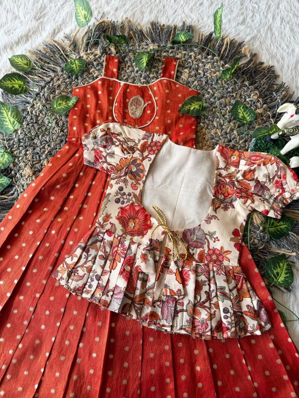 Kids Tissue Gown Kalamkari Mirror Work Coat - Red
