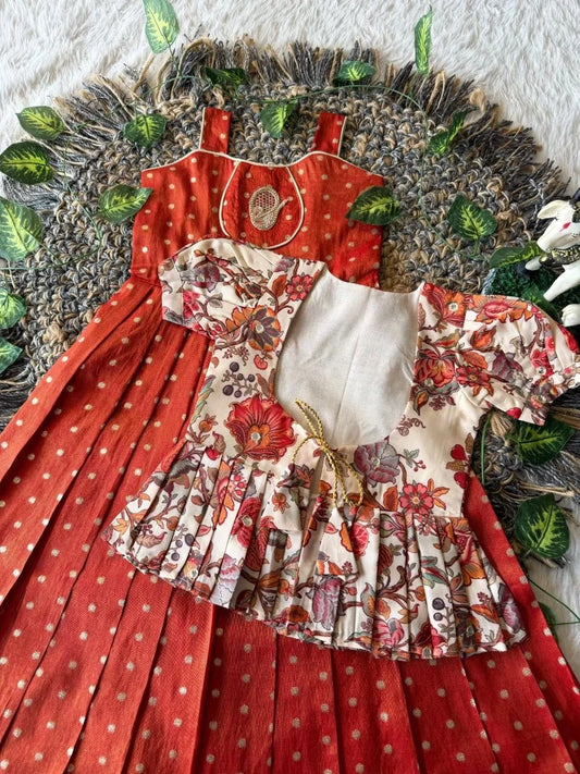 Kids Tissue Gown Kalamkari Mirror Work Coat - Red
