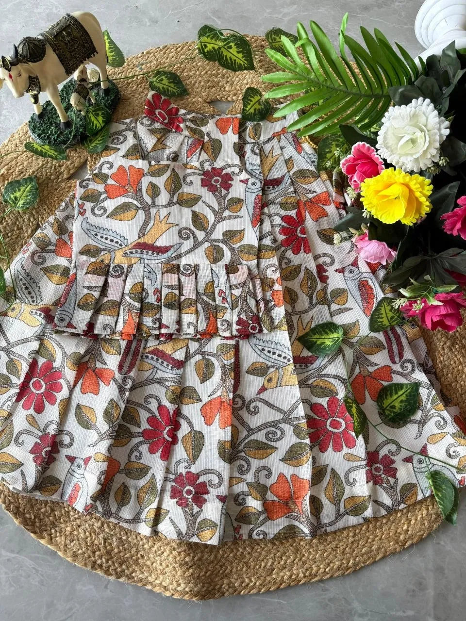 Kota Chex Kids Kalamkari Lehenga - White