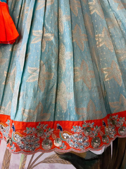 Kids Floral Gown with Maggam Work Coat - Sky