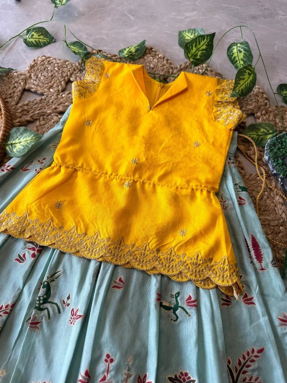 Kids Jungle Theme Position Jacquard Lehenga - Yellow & SKy