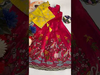 Kids Pichwai & Bird Embroidery Gown with Coat - Sky-Yellow