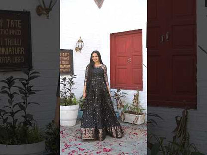 Black Zari Buti Anarkali Gown with Floral Border